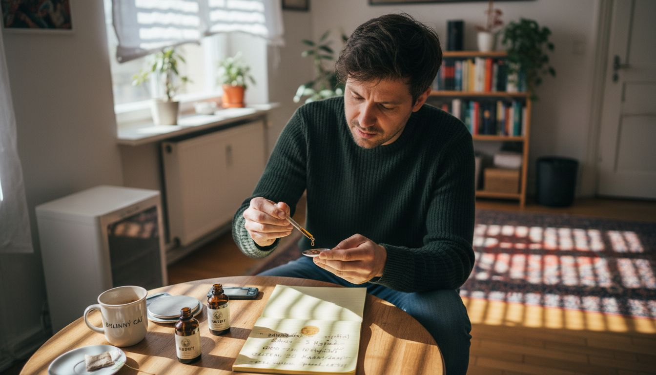 Muž si v berlínské kuchyni počítá správnou dávku CBD.