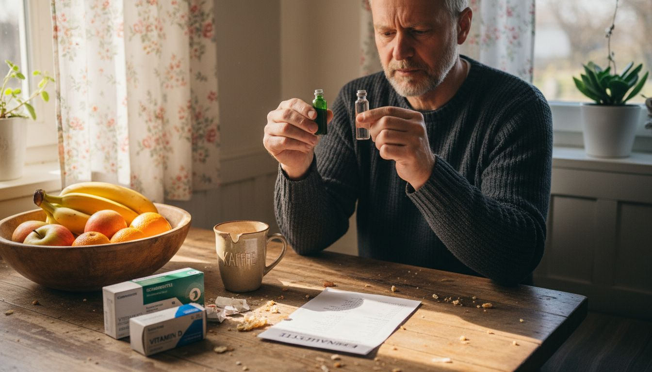 Ein Mann vergleicht zwei kleine Fläschchen, eines mit THC und eines mit CBD, und prüft aufmerksam die Unterschiede.
