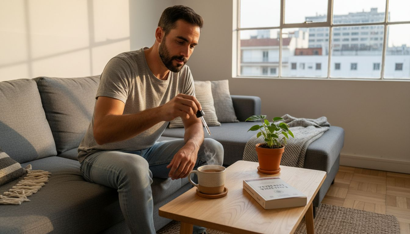 Un hombre disfruta de su dosis de CBD mientras se relaja en una sala de estar llena de luz natural.