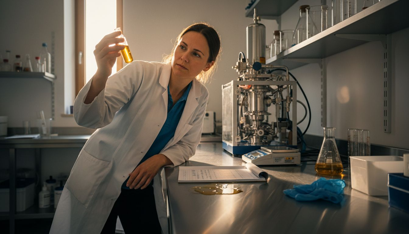 Ein Labormitarbeiter überprüft einen Cannabis-Extrakt auf seine Qualität.