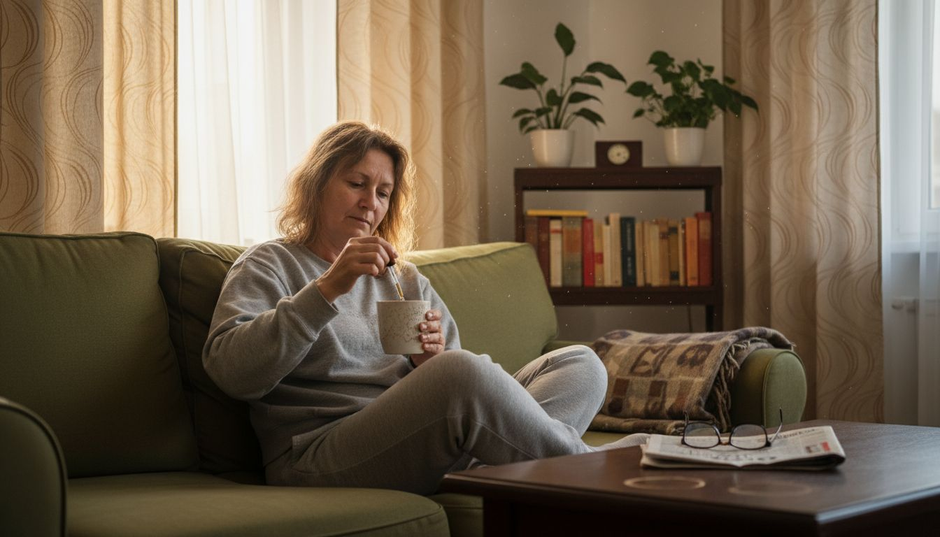 Žena si v obýváku připravuje vlastní CBD olej.