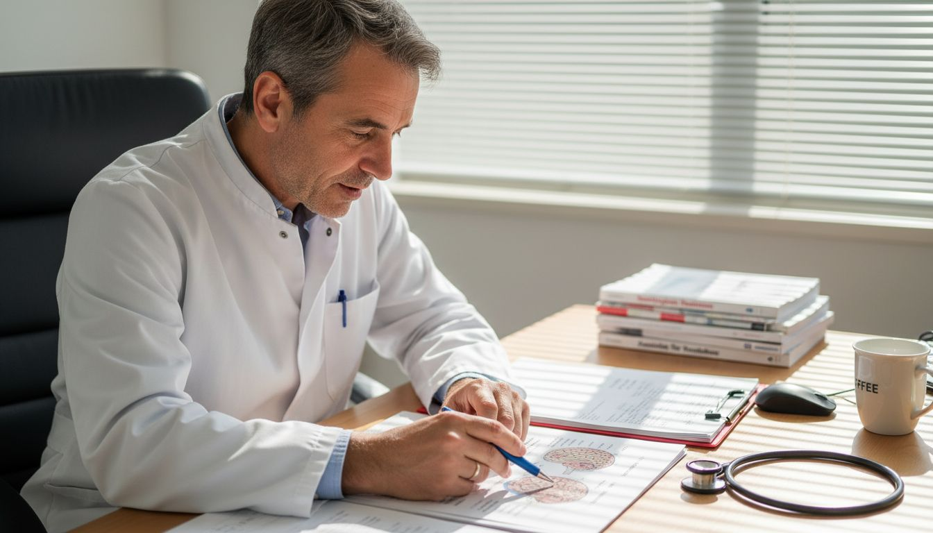 Ein Neurologe erläutert seinem Patienten anschaulich, wie das Gehirn funktioniert.