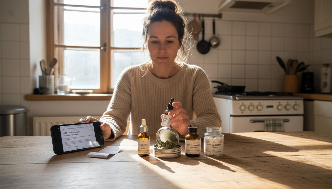 Am Küchentisch nimmt eine Frau verschiedene CBD-Produkte genau unter die Lupe.