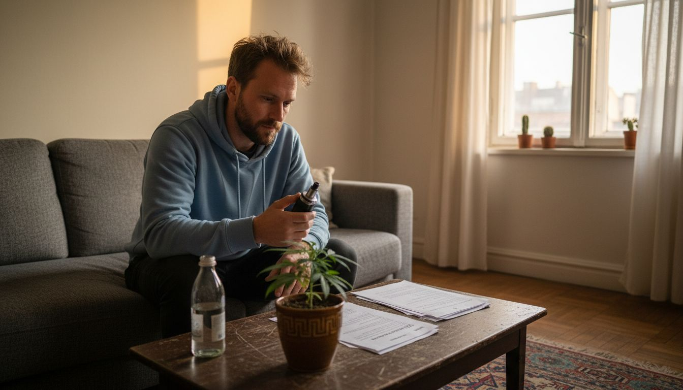 Un hombre disfruta de su vaporizador de cannabinoides en la comodidad de su hogar.