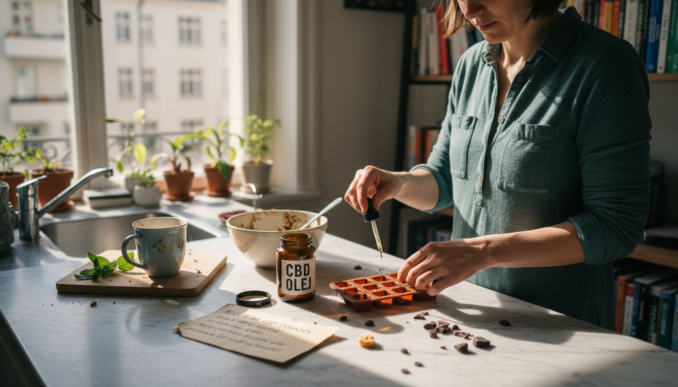 Žena v berlínské kuchyni připravuje pochoutky s CBD