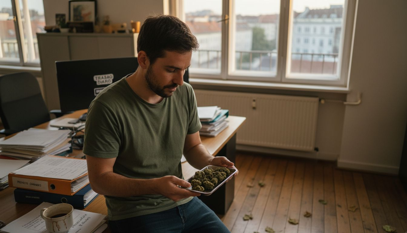 Un hombre examina una planta de cannabis en una oficina de Berlín.
