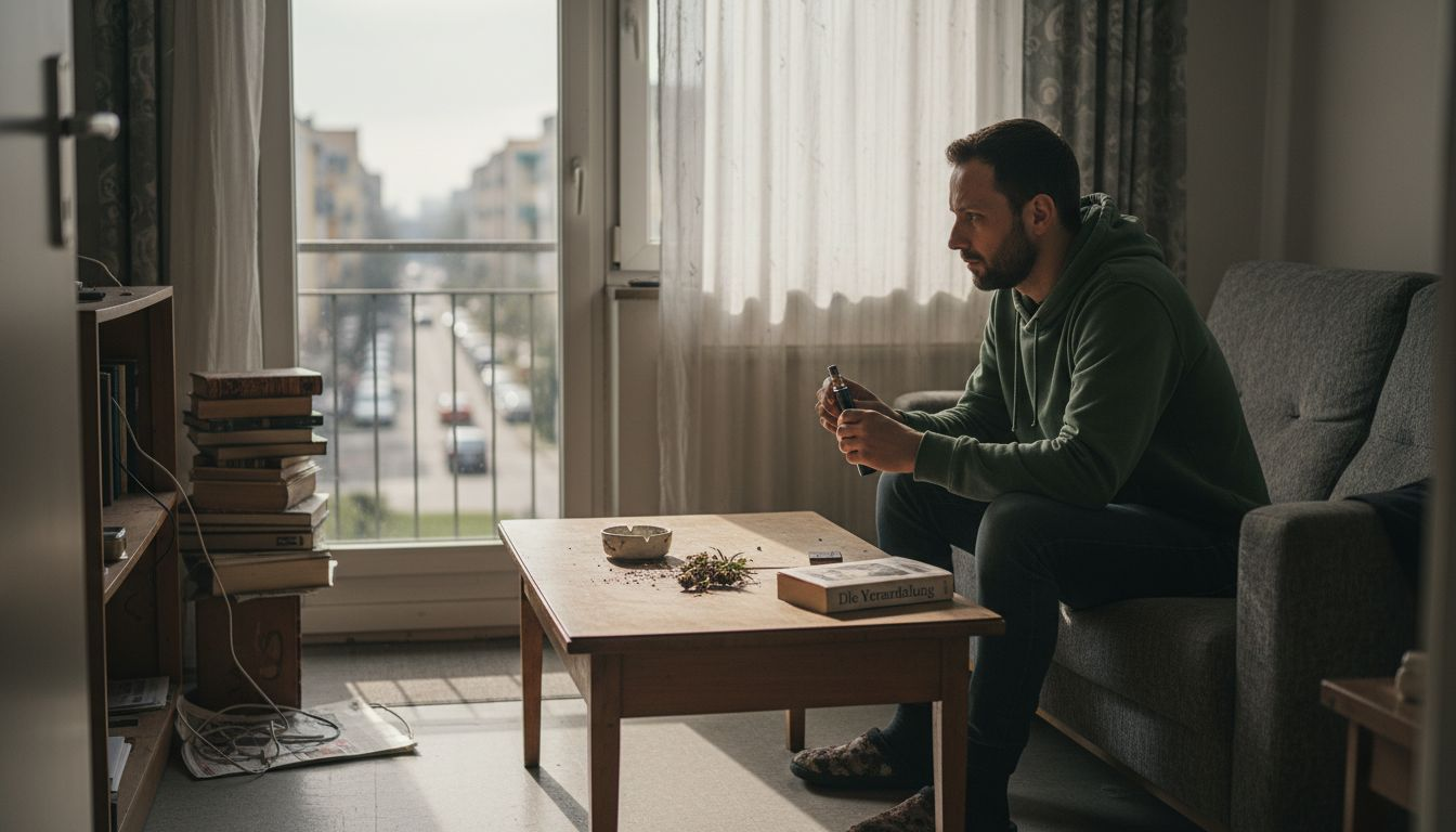 In seiner Stadtwohnung bereitet ein Mann seinen Vaporizer vor.