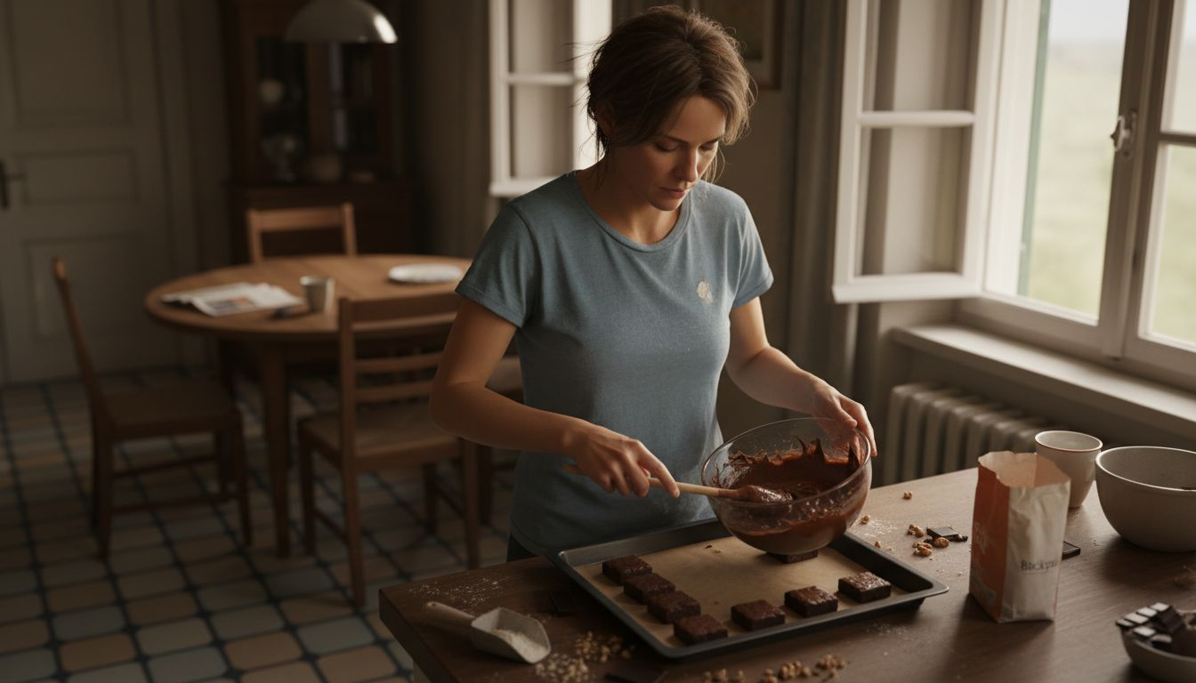 Eine Frau stellt in ihrer eigenen Küche Brownies mit Cannabis her.