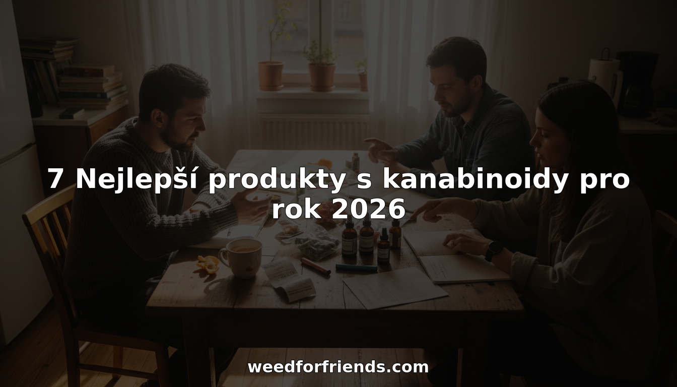 Skupinka dospělých sedí u kuchyňského stolu a porovnává různé produkty s obsahem kanabinoidů – zkoumají obaly, diskutují o účincích a sdílejí své zkušenosti.