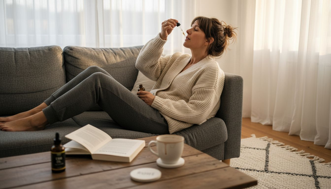 Eine Frau entspannt sich zu Hause mit CBD-Öl.