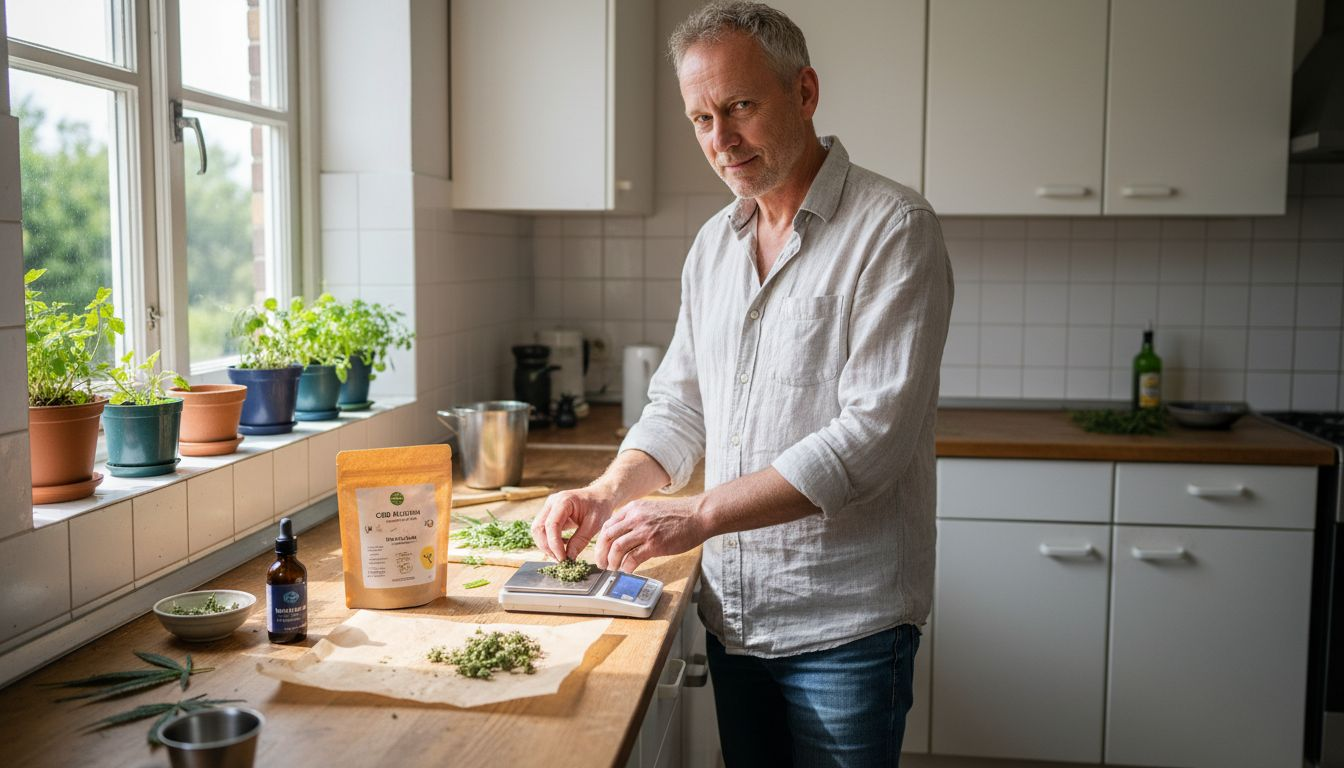 Ein Mann bereitet in seiner Küche Zutaten mit CBD zu.