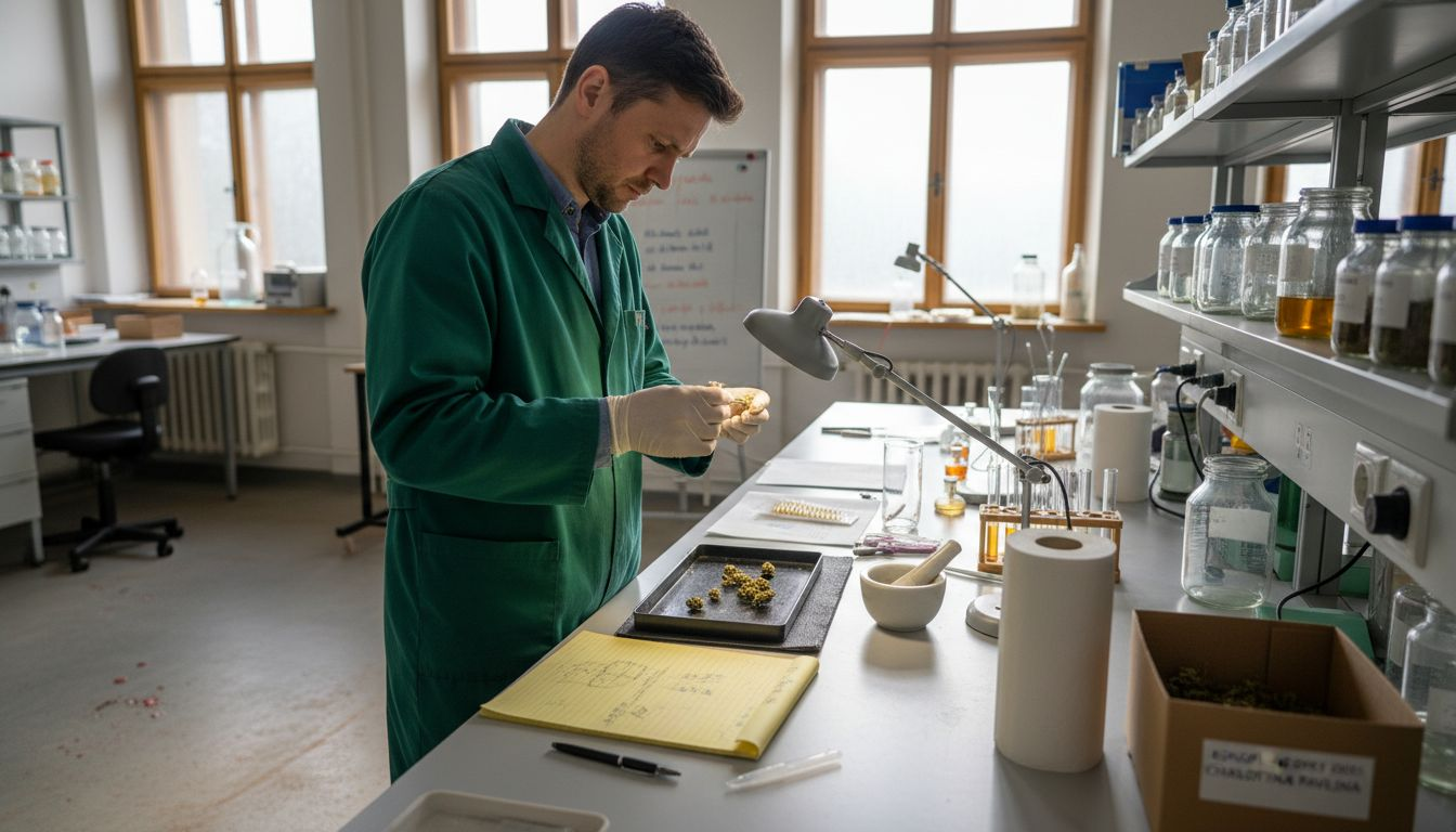 Odborník v laboratoři analyzuje obsah kanabinoidů v technickém konopí.