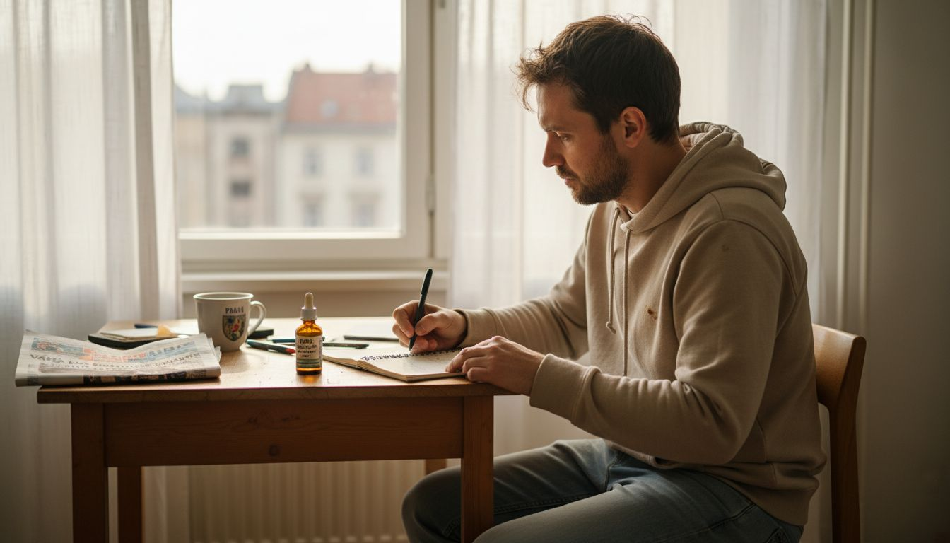Muž si doma vede deník o tom, jak zvládá odvykání od CBD.