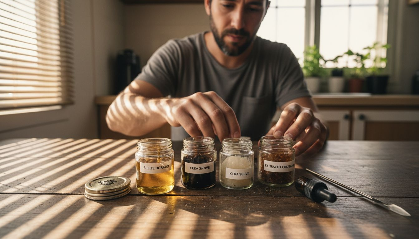Variedad de extractos de cannabis expuestos sobre una mesa de madera