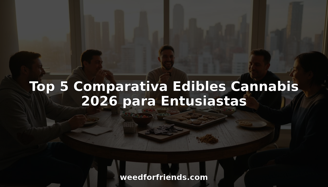 Un grupo de amigos probando comestibles de cannabis alrededor de la mesa de la cocina.