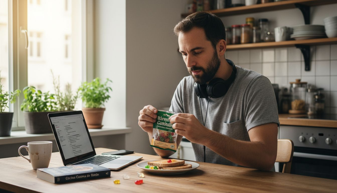 Un hombre revisa gomitas de cannabis en la cocina