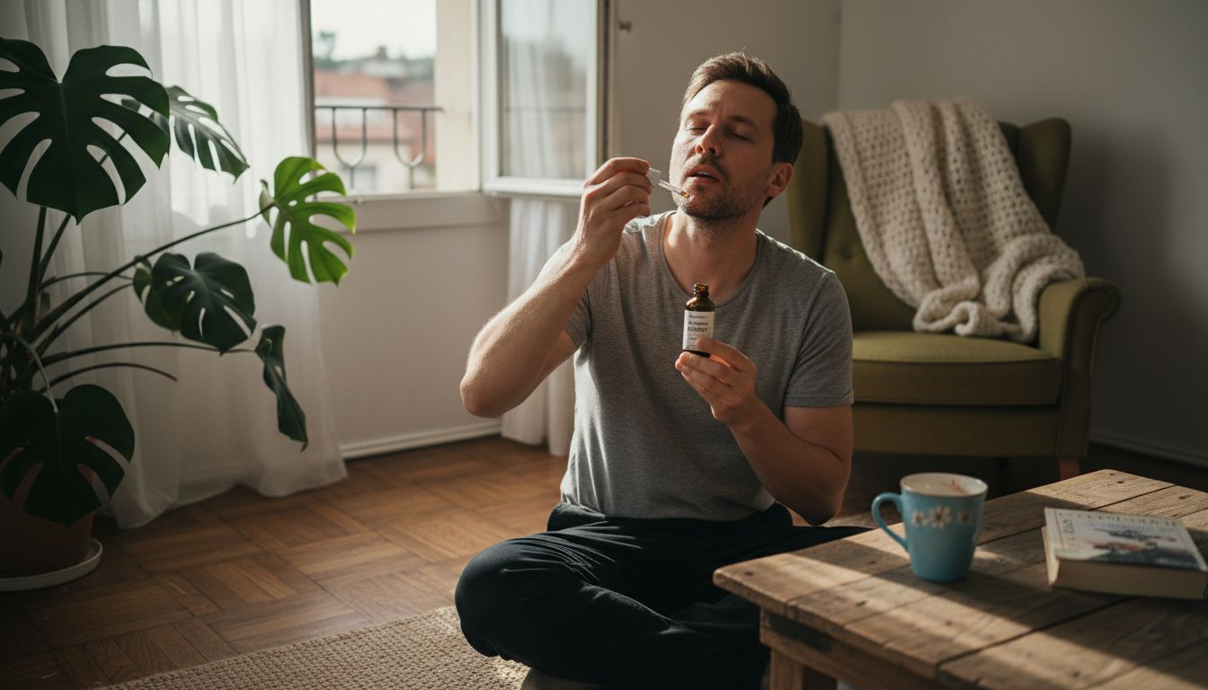 Muž si v klidném obýváku dopřává CBD olej.