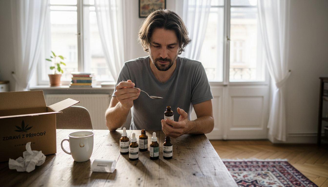 Muž si doma u stolu prohlíží legální produkty s kanabinoidy.