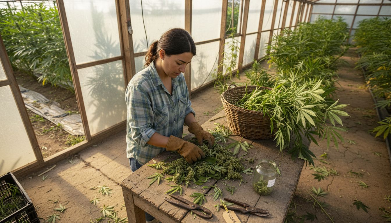 Especialista revisando cáñamo recién cosechado antes de iniciar el proceso de extracción