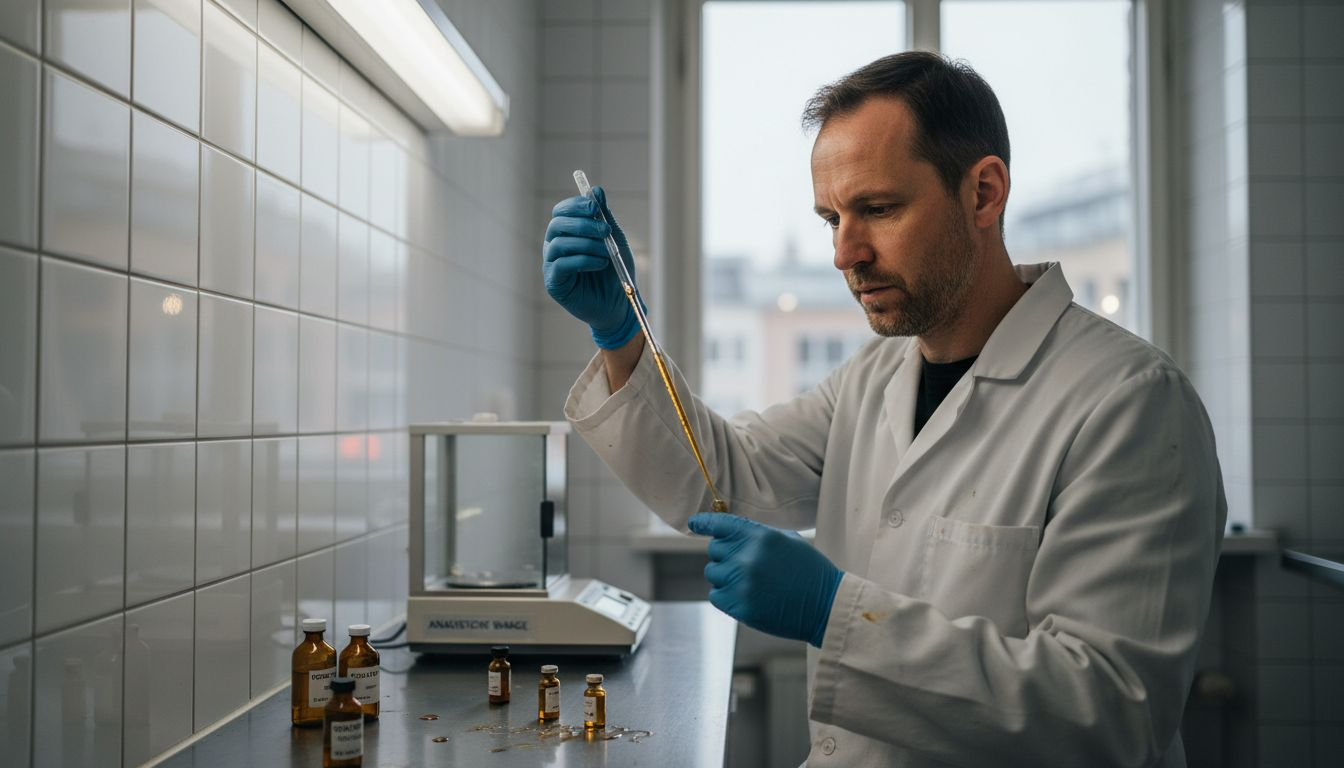 Ein Labortechniker arbeitet mit Cannabis-Extrakt unter kontrollierten Bedingungen.
