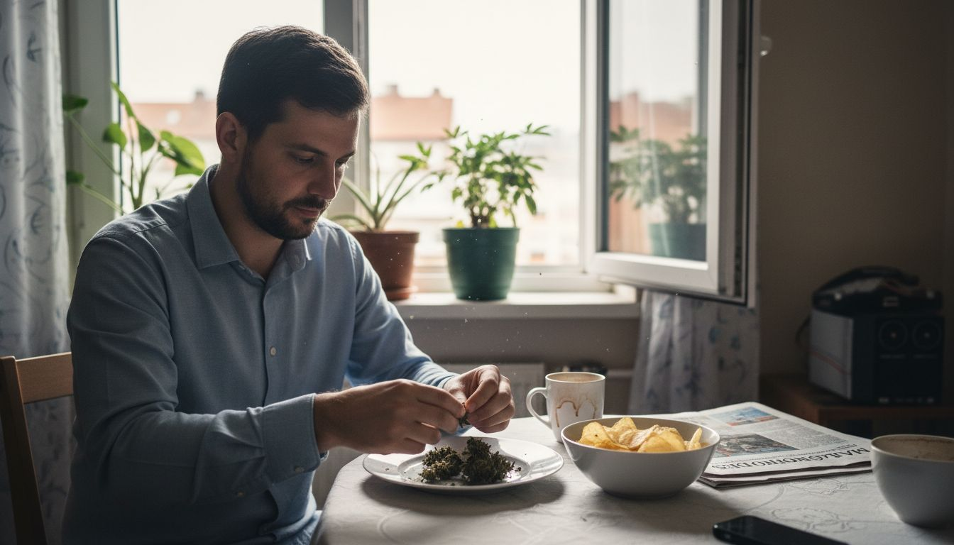 Chlapík doma s CBD květy ve svém obýváku