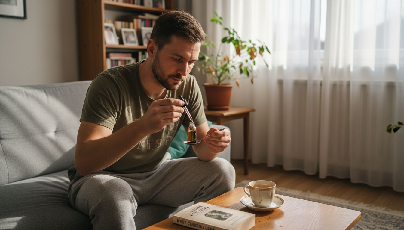 Muž si doma dopřává CBD olej, aby si odpočinul a uvolnil se po náročném dni.