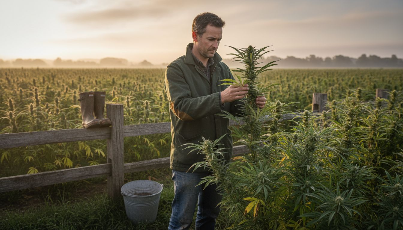 Ein Botaniker begutachtet am frühen Morgen ein Cannabispensum auf dem Feld, während die ersten Sonnenstrahlen das Grün beleuchten.