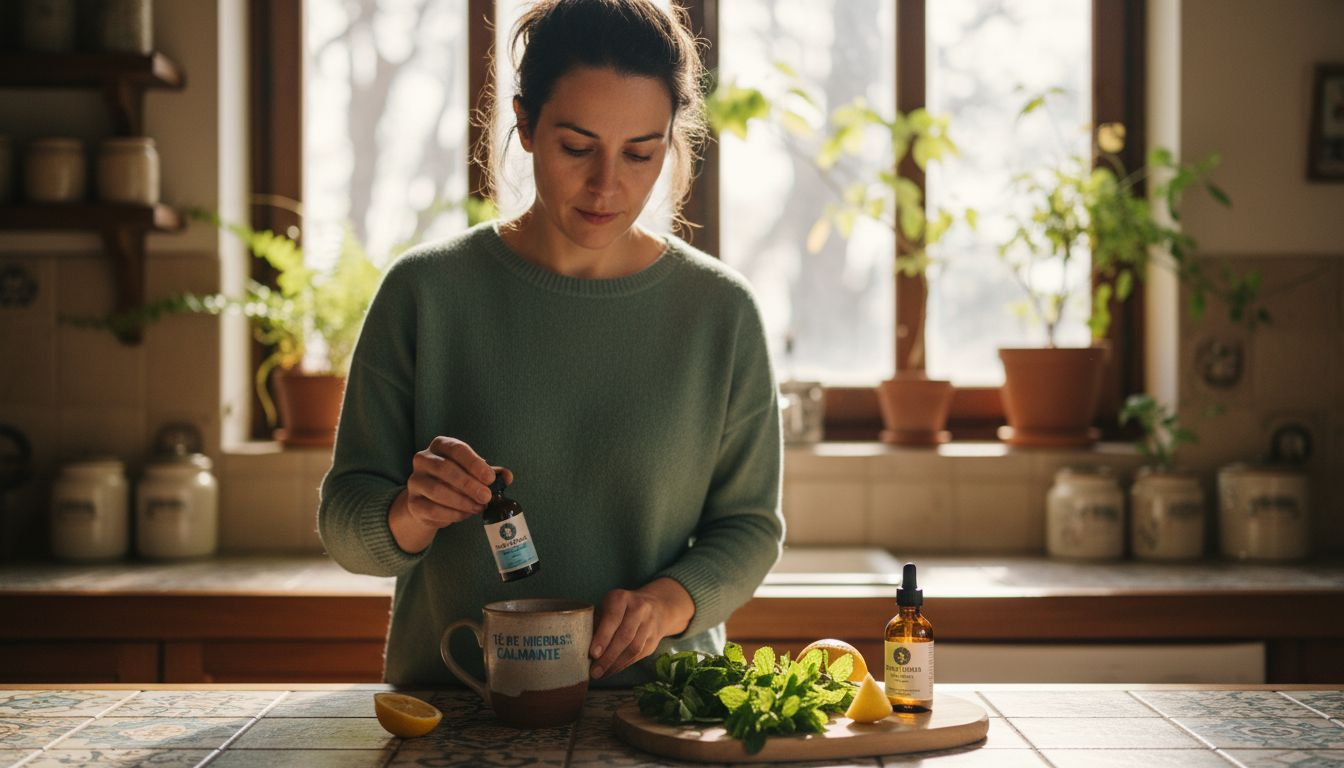 Una mujer prepara una infusión de hierbas a la que añade unas gotas de cannabinoides.