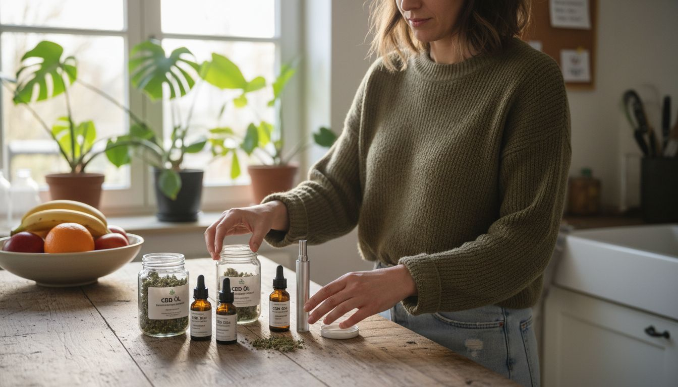 Verschiedene CBD-Produkte stehen auf der Holzarbeitsplatte in der Küche bereit.