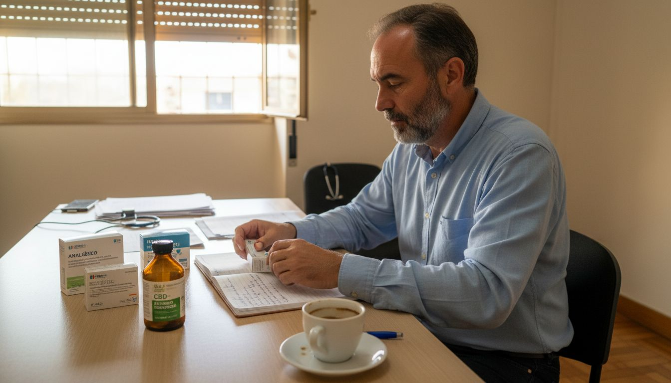 Paciente revisando sus medicamentos y un envase de CBD