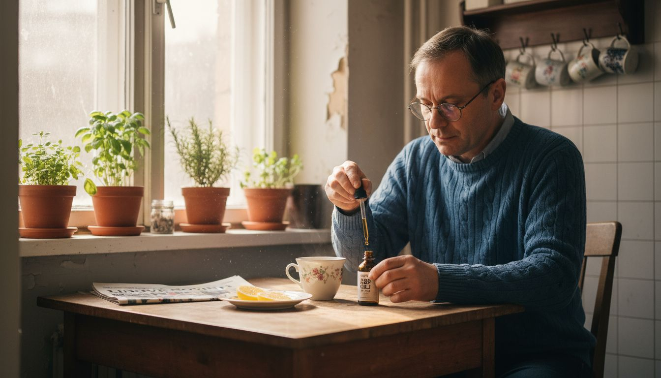 Muž si u kuchyňského stolu kapá pod jazyk čistý CBD olej.